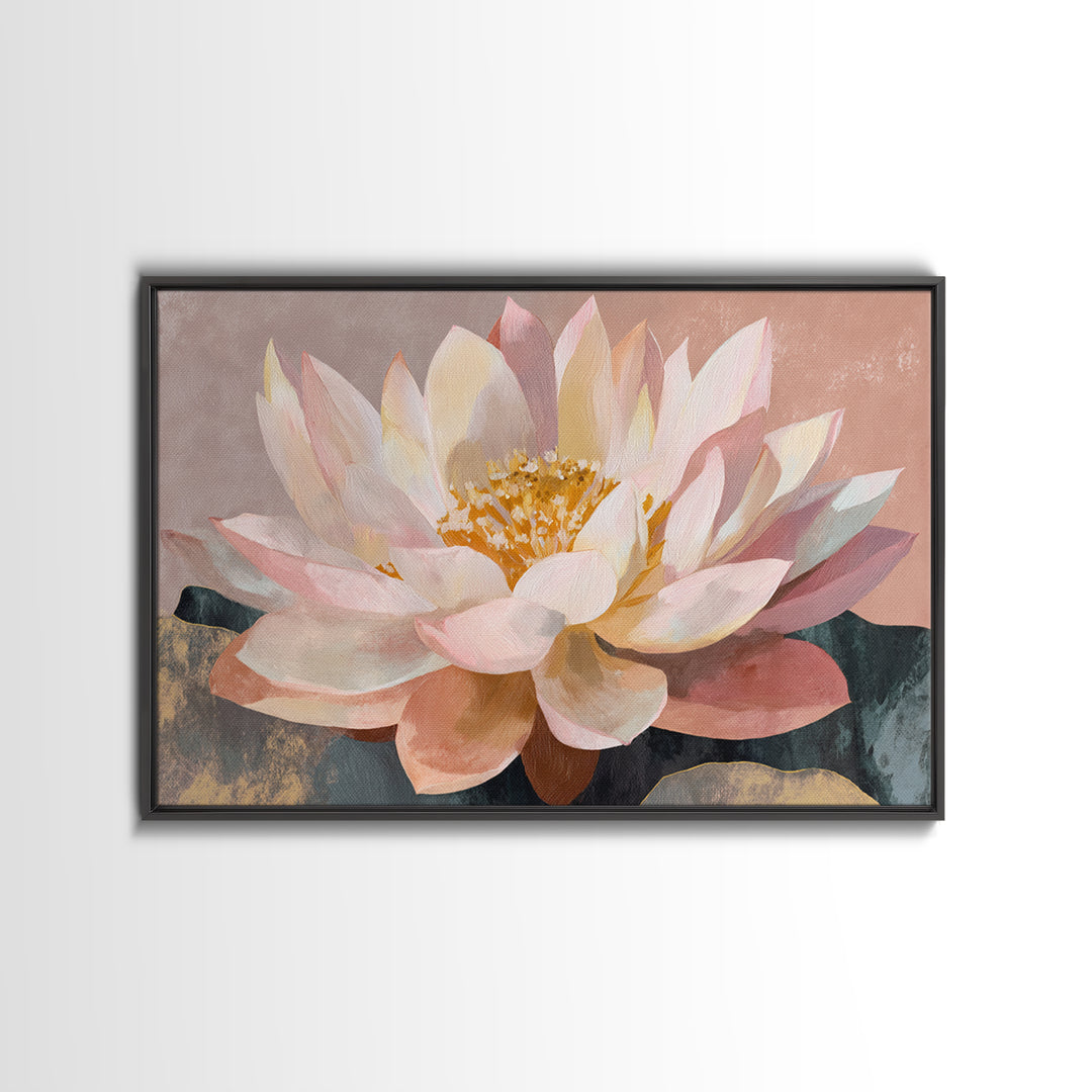 Lotus Flower with Soft Golden Glow Framed Canvas Print, Yoga Studio Art, Yoga Studio Decor, Watercolor Art, Balance, YSA-3x2-55