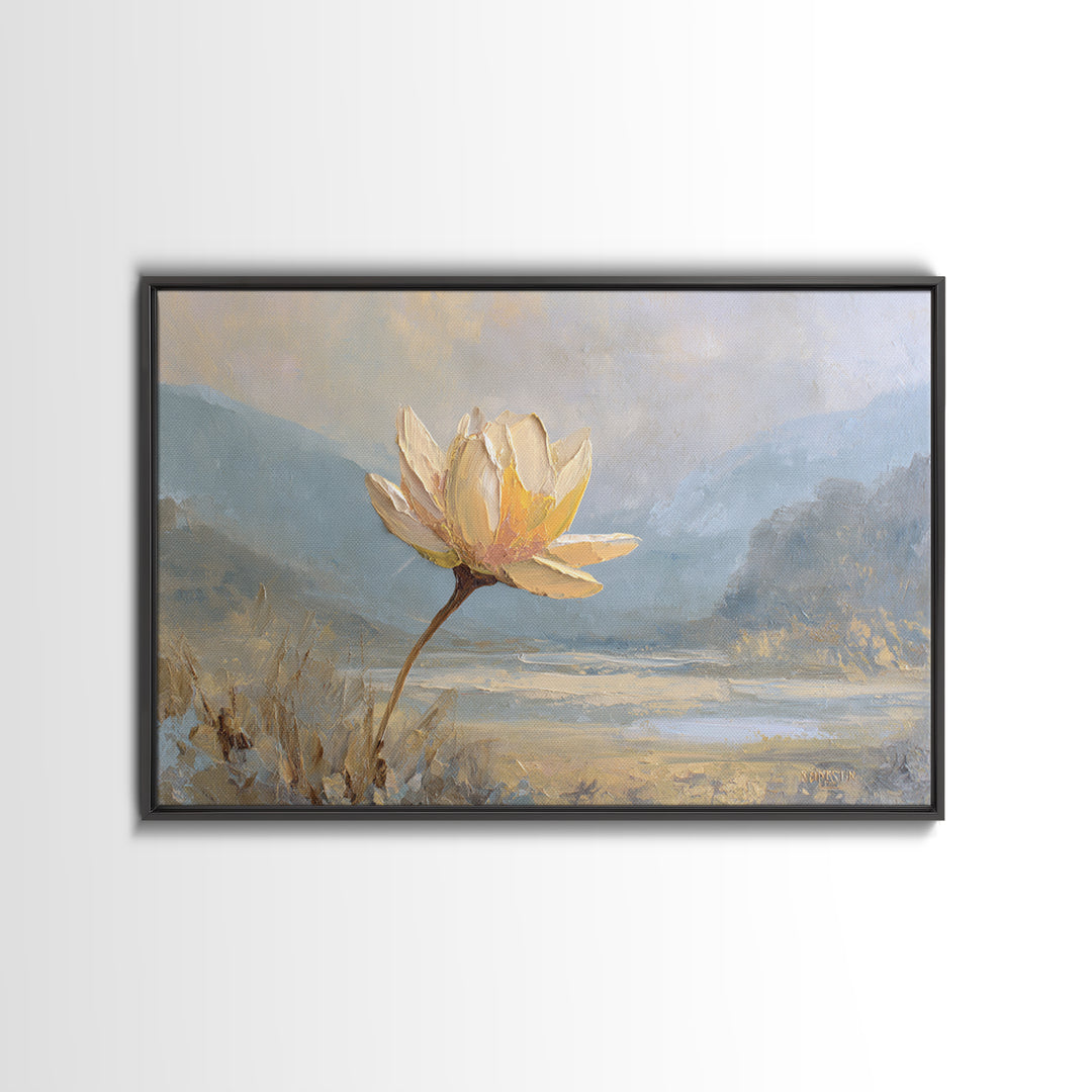 Lotus Flower with Soft Golden Glow Framed Canvas Print, Yoga Studio Art, Feminine Wall Art, Yoga Studio Decor, Watercolor Art, YSA-3x2-79