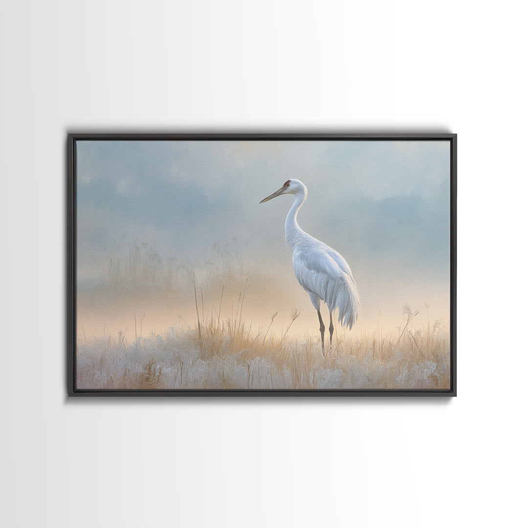 White Crane in Misty Morning Framed Canvas Print, Yoga Studio Art, Art Print, Yoga Studio Decor, Oil Painting, Balance, YSA-3x2-91