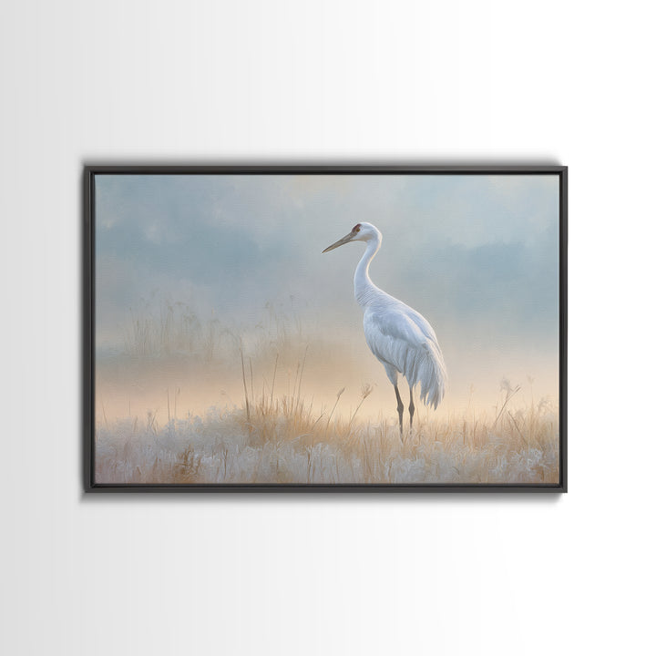 White Crane in Misty Morning Framed Canvas Print, Yoga Studio Art, Art Print, Yoga Studio Decor, Oil Painting, Balance, YSA-3x2-91
