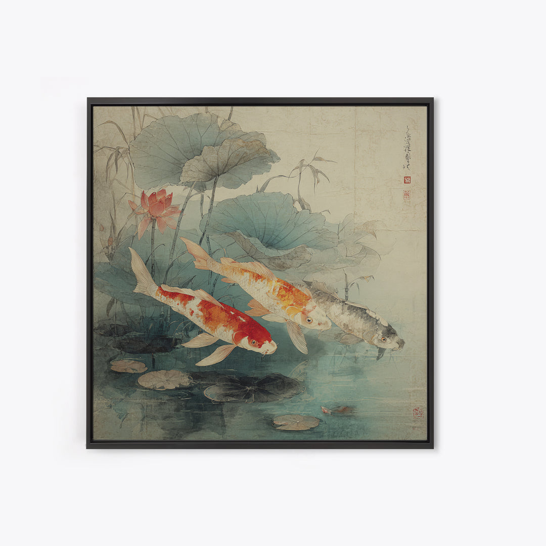Koi Fish Beneath Floating Lotus Leaves Framed Canvas Print, Zen Art, Metal Wall Art, Living Room Decor, Oil Painting, Zen, ZEN-1x1-28