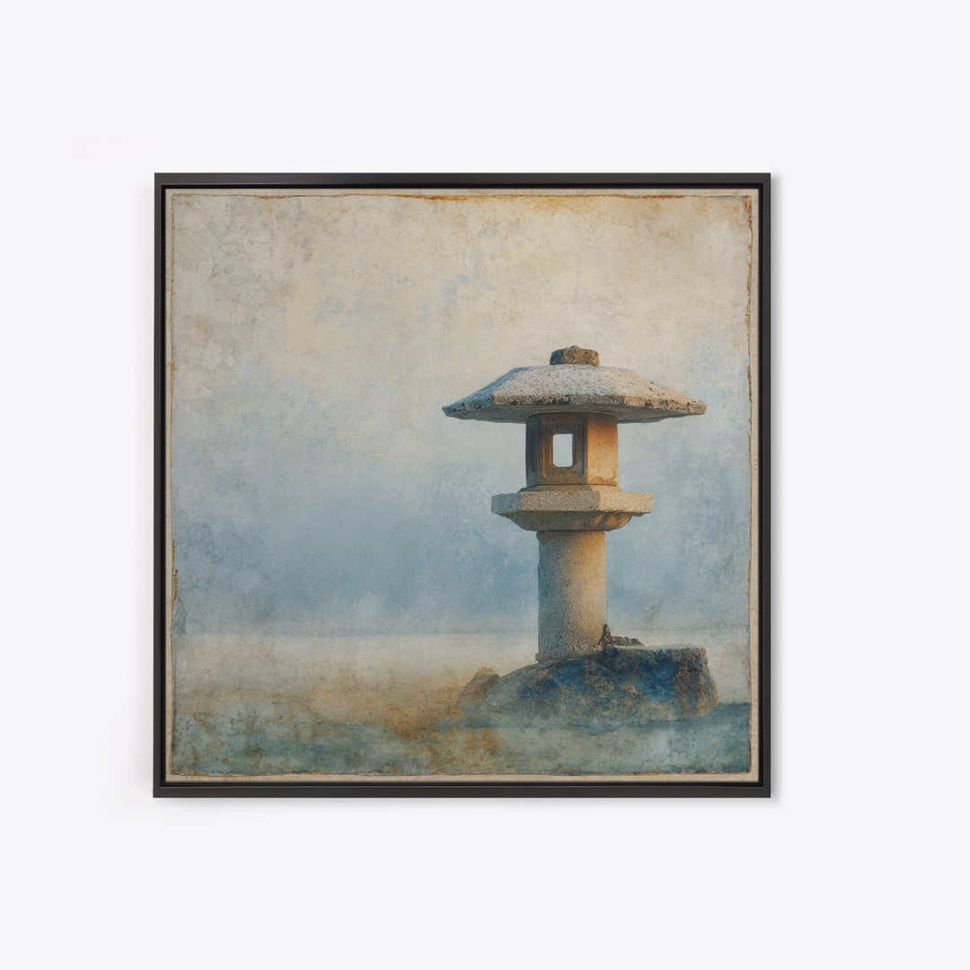 Stone Lantern in Morning Fog Without Garden Framed Canvas Print, Zen Art, Contemporary Art, Living Room Decor, Fine Art, Zen, ZEN-1x1-66