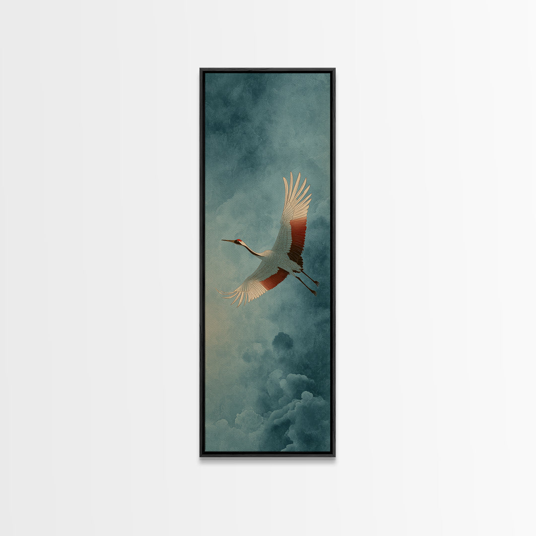 Crane Flying Across Pale Sun Framed Canvas Print, Zen Art, Flower Print, Living Room Decor, Fine Art, Zen, Textured Painting, ZEN-1x3-84