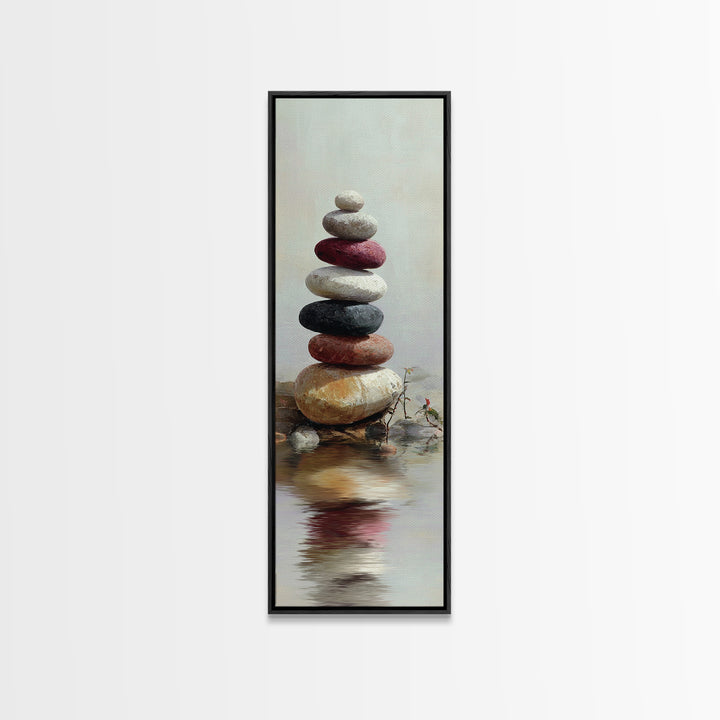 Stacked Stones Beside Still Water Framed Canvas Print, Zen Art, Wall Decor, Living Room Decor, Fine Art, Zen, Japanese Wall Art, ZEN-1x3-87