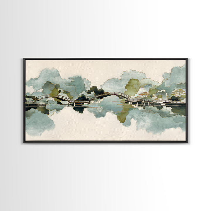 Japanese Garden Bridge Implied Through Shapes Framed Canvas Print, Zen Art, Art Print, Living Room Decor, Watercolor Art, Zen, ZEN-2x1-10