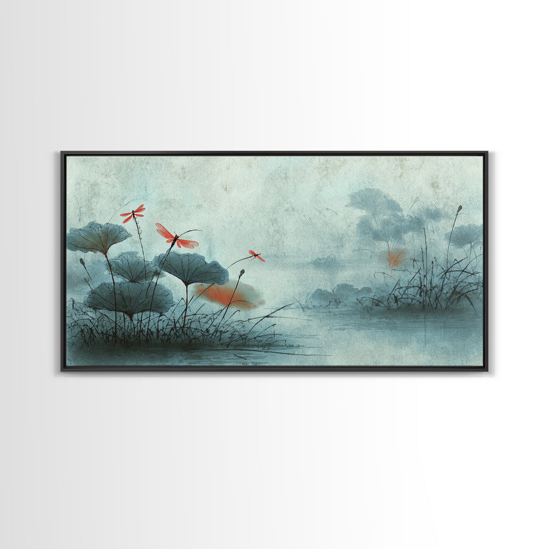 Dragonfly over Lotus Pond Framed Canvas Print, Zen Art, Room Decor, Living Room Decor, Fine Art, Zen, Canvas Wall Art, ZEN-2x1-12