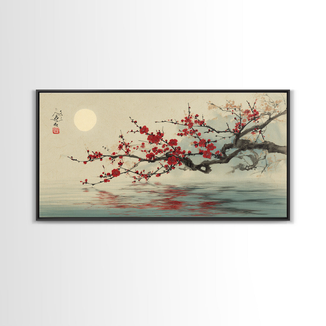 Black Branch with One Red Blossom Framed Canvas Print, Zen Art, Japanese Wall Art, Living Room Decor, Watercolor Art, Zen, ZEN-2x1-29