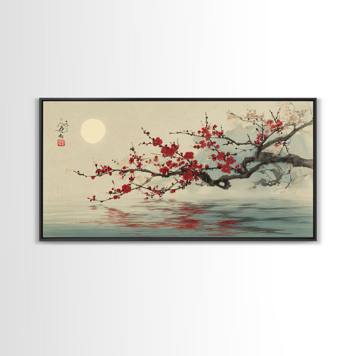 Black Branch with One Red Blossom Framed Canvas Print, Zen Art, Japanese Wall Art, Living Room Decor, Watercolor Art, Zen, ZEN-2x1-29