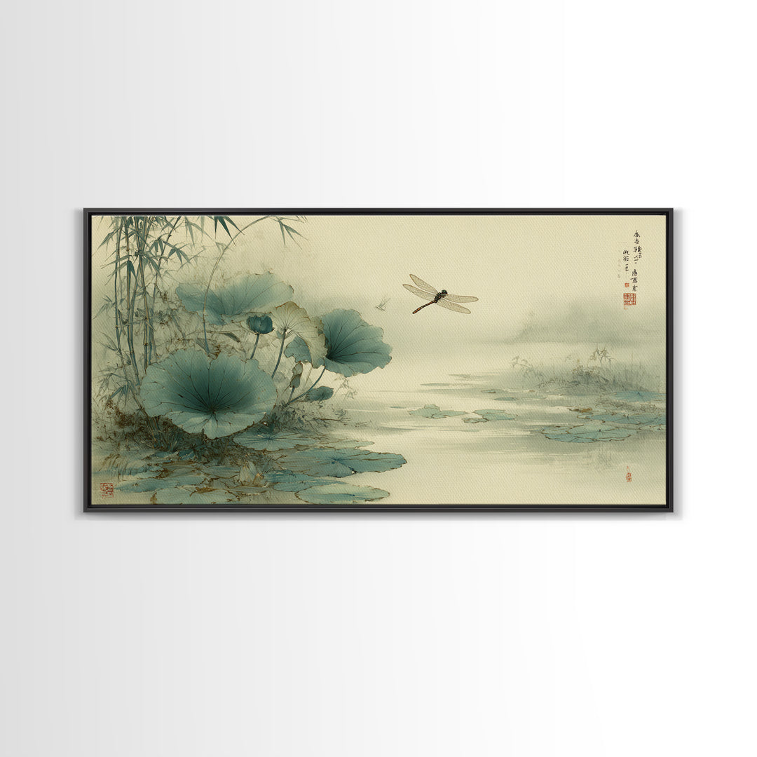 Dragonfly over Lotus Pond Framed Canvas Print, Zen Art, Large Wall Art, Living Room Decor, Oil Painting, Zen, Beach Decor, ZEN-2x1-60