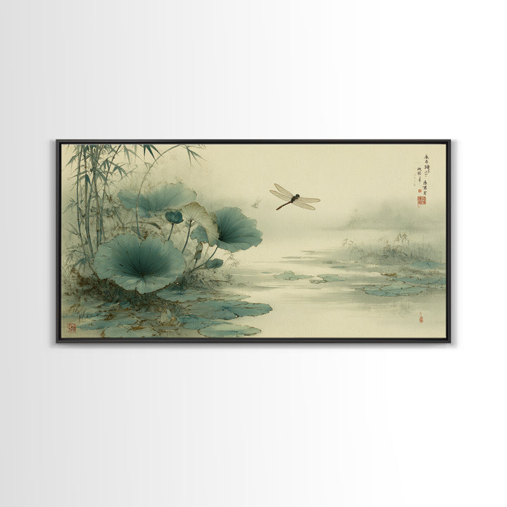 Dragonfly over Lotus Pond Framed Canvas Print, Zen Art, Large Wall Art, Living Room Decor, Oil Painting, Zen, Beach Decor, ZEN-2x1-60
