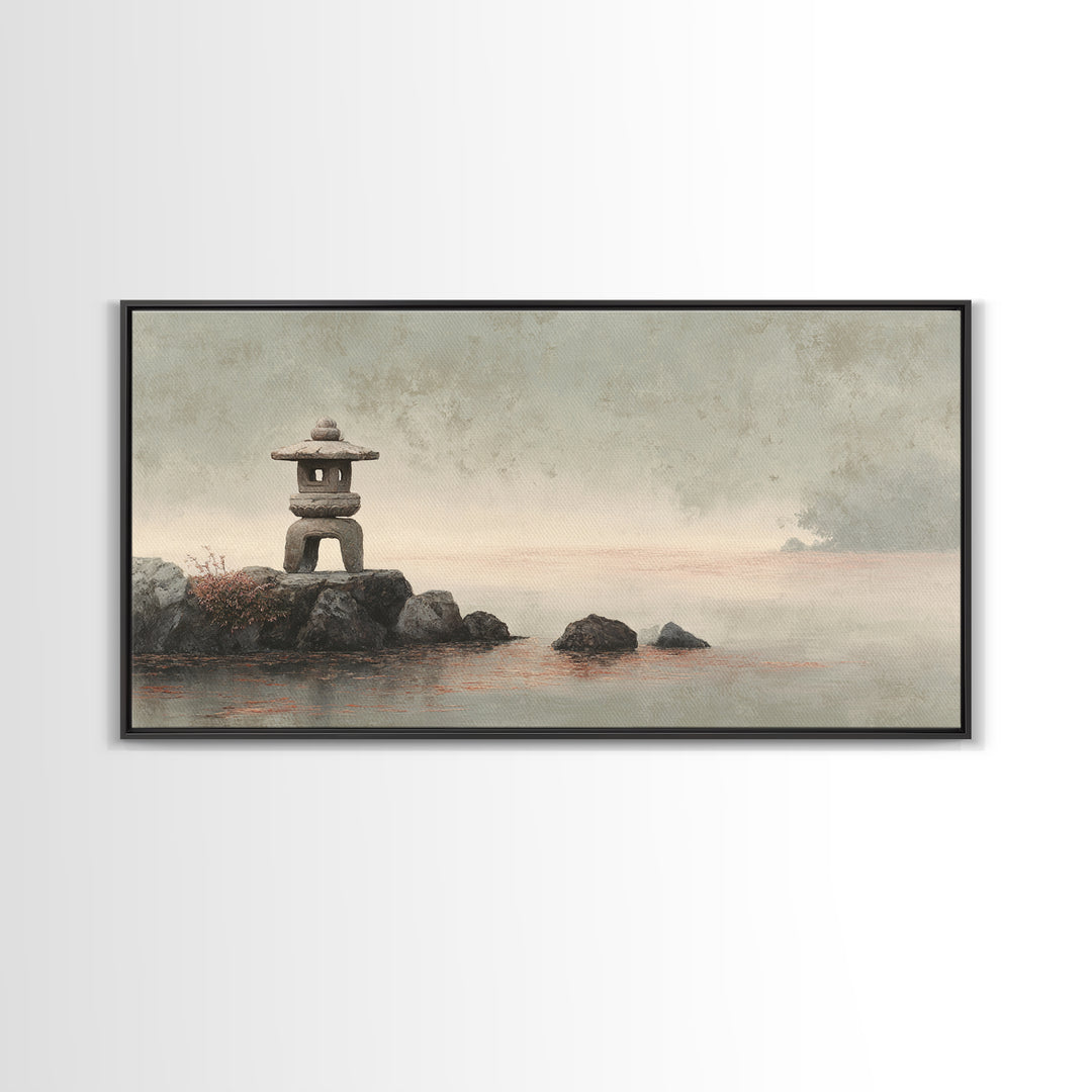 Stone Lantern in Morning Fog Without Garden Framed Canvas Print, Zen Art, Digital Print, Living Room Decor, Fine Art, Zen, ZEN-2x1-86
