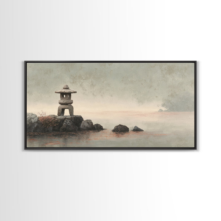 Stone Lantern in Morning Fog Without Garden Framed Canvas Print, Zen Art, Digital Print, Living Room Decor, Fine Art, Zen, ZEN-2x1-86