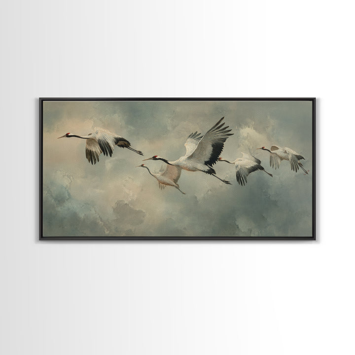 Crane Flying Across Pale Sun Framed Canvas Print, Zen Art, Japanese Wall Art, Living Room Decor, Oil Painting, Zen, ZEN-2x1-92
