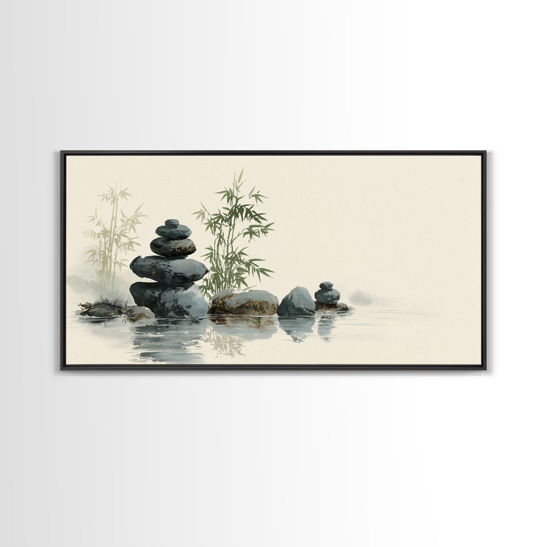 Stacked Stones Beside Still Water Framed Canvas Print, Zen Art, Statement Artwork, Living Room Decor, Fine Art, Zen, ZEN-2x1-95