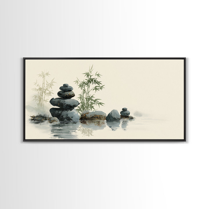 Stacked Stones Beside Still Water Framed Canvas Print, Zen Art, Statement Artwork, Living Room Decor, Fine Art, Zen, ZEN-2x1-95