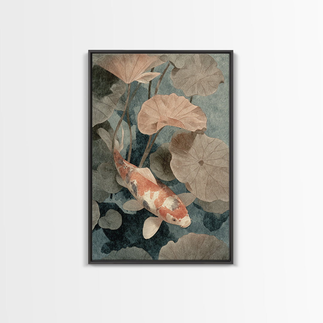 Koi Fish Beneath Floating Lotus Leaves Framed Canvas Print, Zen Art, Japanese Wall Art, Living Room Decor, Oil Painting, Zen, ZEN-2x3-12