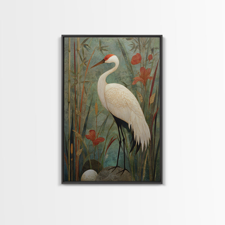 White Crane Standing Canvas Print, Zen Art, Abstract Art, Living Room Decor, Zen, Wabi Sabi Wall Art, Extra Large Wall Art, ZEN-2x3-15