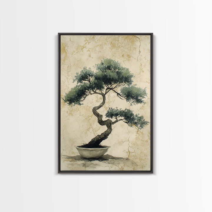 Bonsai Tree in Simple Ceramic Pot Framed Canvas Print, Zen Art, Extra Large Wall Art, Living Room Decor, Oil Painting, Zen, ZEN-2x3-20