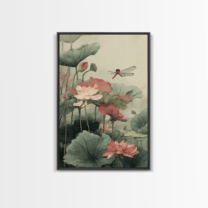 Dragonfly over Lotus Pond Framed Canvas Print, Zen Art, Minimalist Decor, Living Room Decor, Fine Art, Zen, Printable Art, ZEN-2x3-24