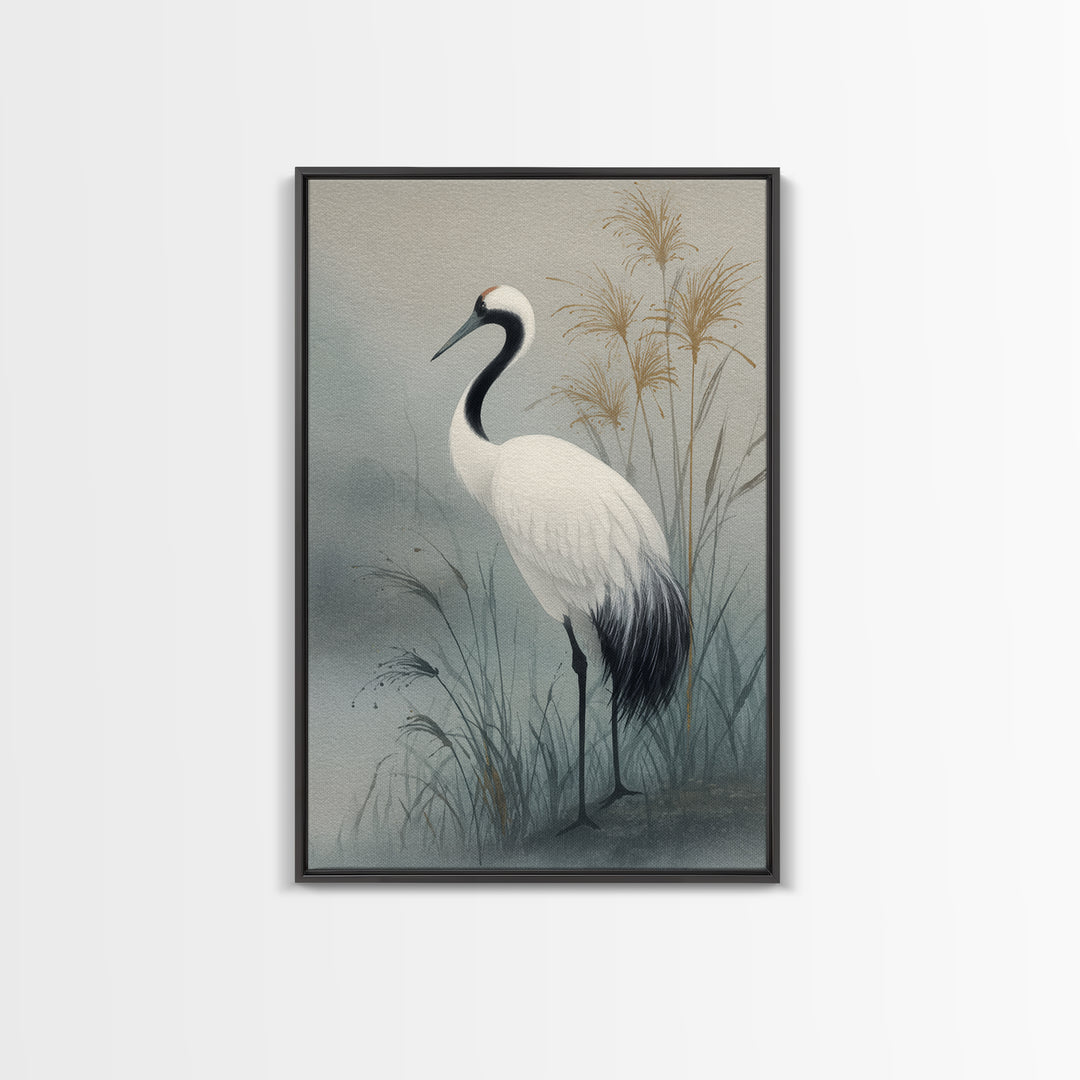White Crane Standing Canvas Print, Zen Art, Minimalist Wall Art, Living Room Decor, Zen, Fine Art Print, Statement Artwork, ZEN-2x3-39