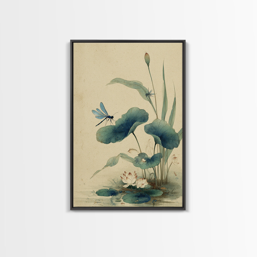 Dragonfly over Lotus Pond Framed Canvas Print, Zen Art, Living Room Decor, Watercolor Art, Zen, Extra Large Wall Art, ZEN-2x3-48