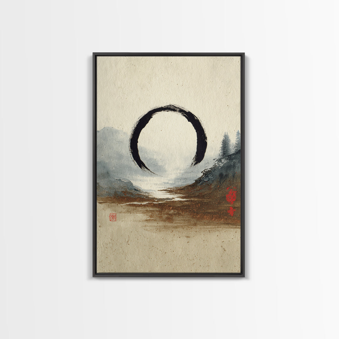 Single Black Ens Circle on Warm Paper Canvas Print, Zen Art, Wabi Sabi Art, Living Room Decor, Oil Painting, Zen, ZEN-2x3-57