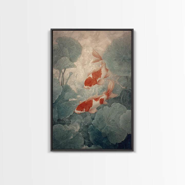 Koi Fish Beneath Floating Lotus Leaves Framed Canvas Print, Zen Art, Japandi Wall Art, Living Room Decor, Fine Art, Zen, ZEN-2x3-60