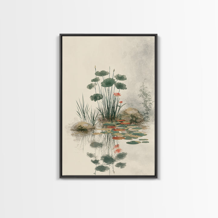 Moon Reflected in Quiet Pond Canvas Print, Zen Art, Living Room Decor, Oil Painting, Zen, Japanese Decor, Flower Print, ZEN-2x3-66