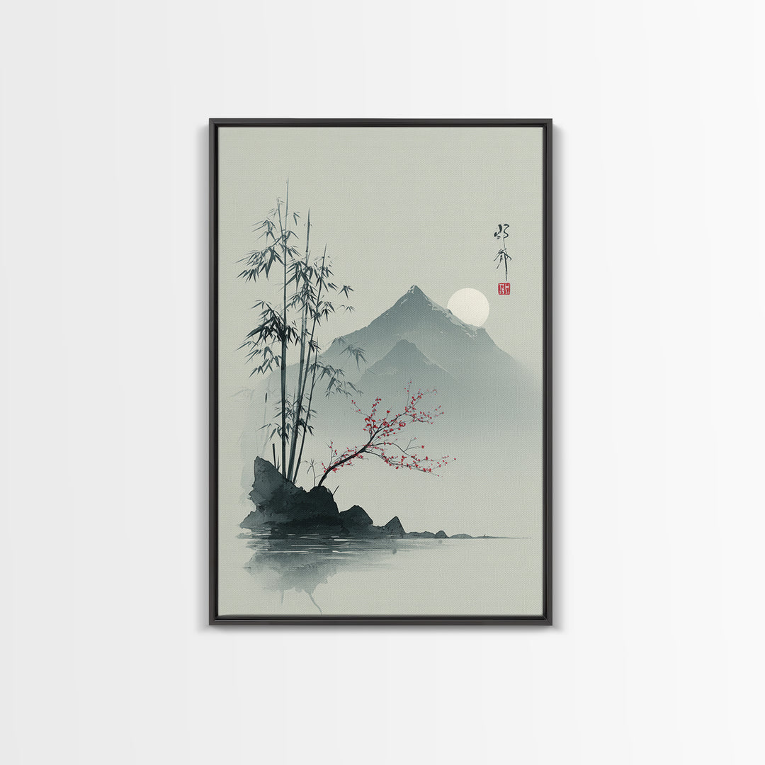 Minimal Mountain in Fog with Empty Space Framed Canvas Print, Zen Art, Contemporary Art, Living Room Decor, Oil Painting, Zen, ZEN-2x3-85