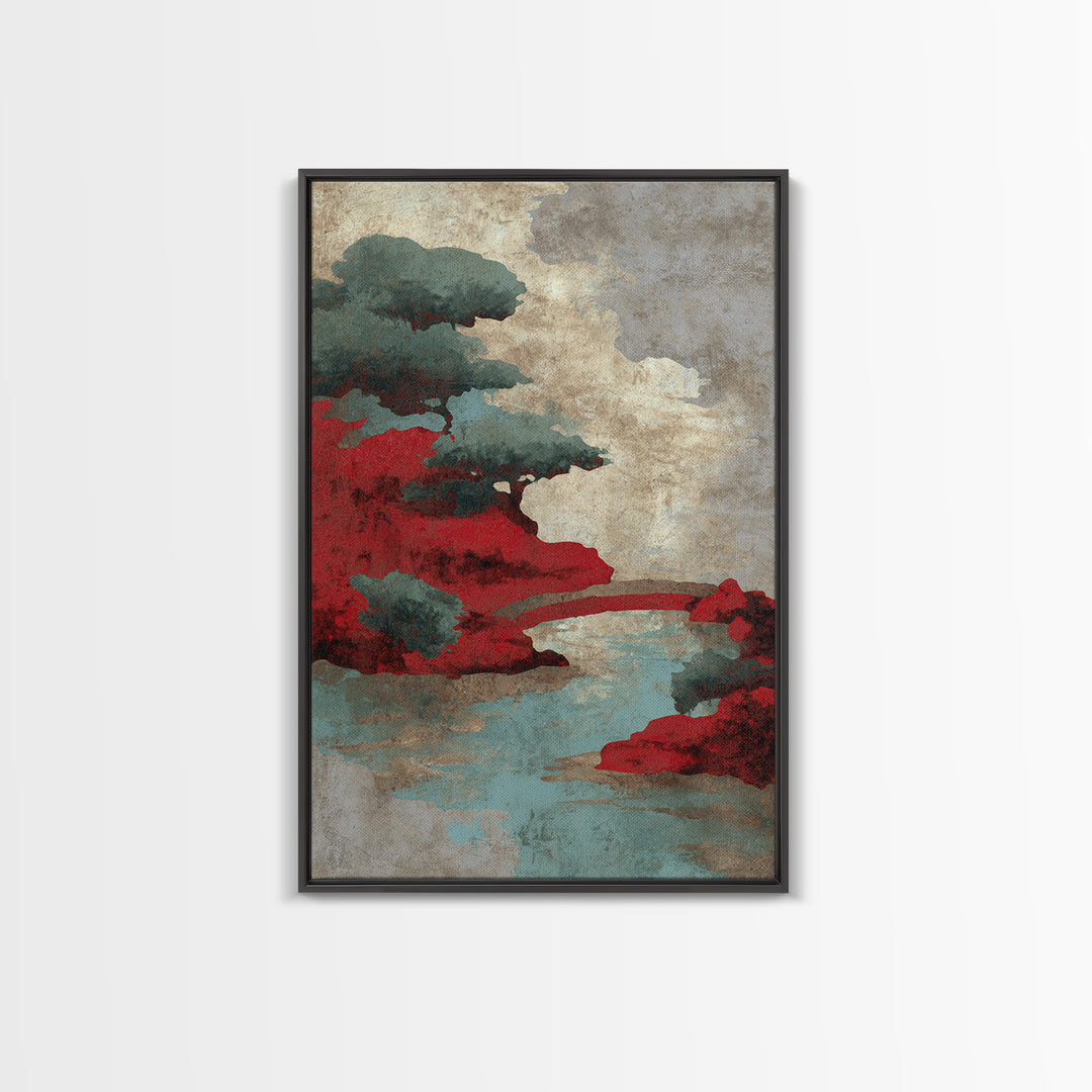 Japanese Garden Bridge Implied Through Shapes Framed Canvas Print, Zen Art, Japandi Wall Art, Living Room Decor, Watercolor Art, ZEN-2x3-94