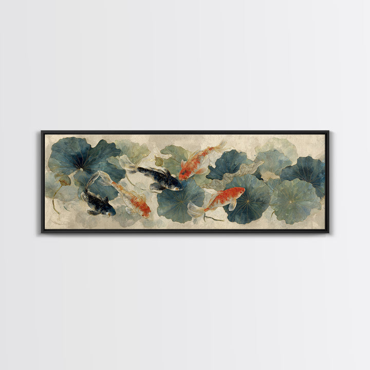 Koi Fish Beneath Floating Lotus Leaves Canvas Print, Zen Art, Neutral Wall Art, Living Room Decor, Fine Art, Zen, ZEN-3x1-20