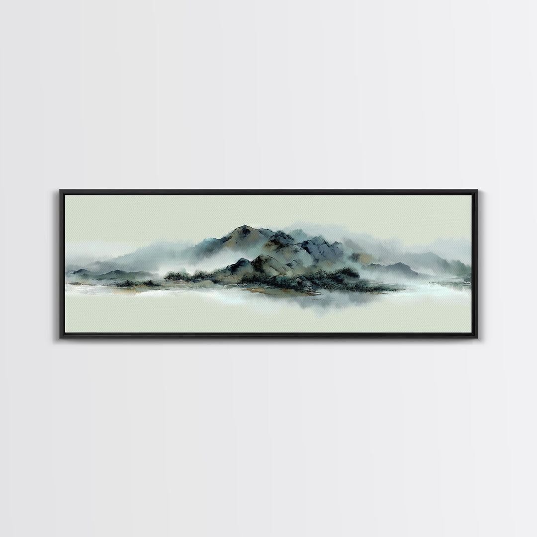 Minimal Mountain in Fog with Empty Space Framed Canvas Print, Zen Art, Luxury Decor, Living Room Decor, Fine Art, Zen, ZEN-3x1-69