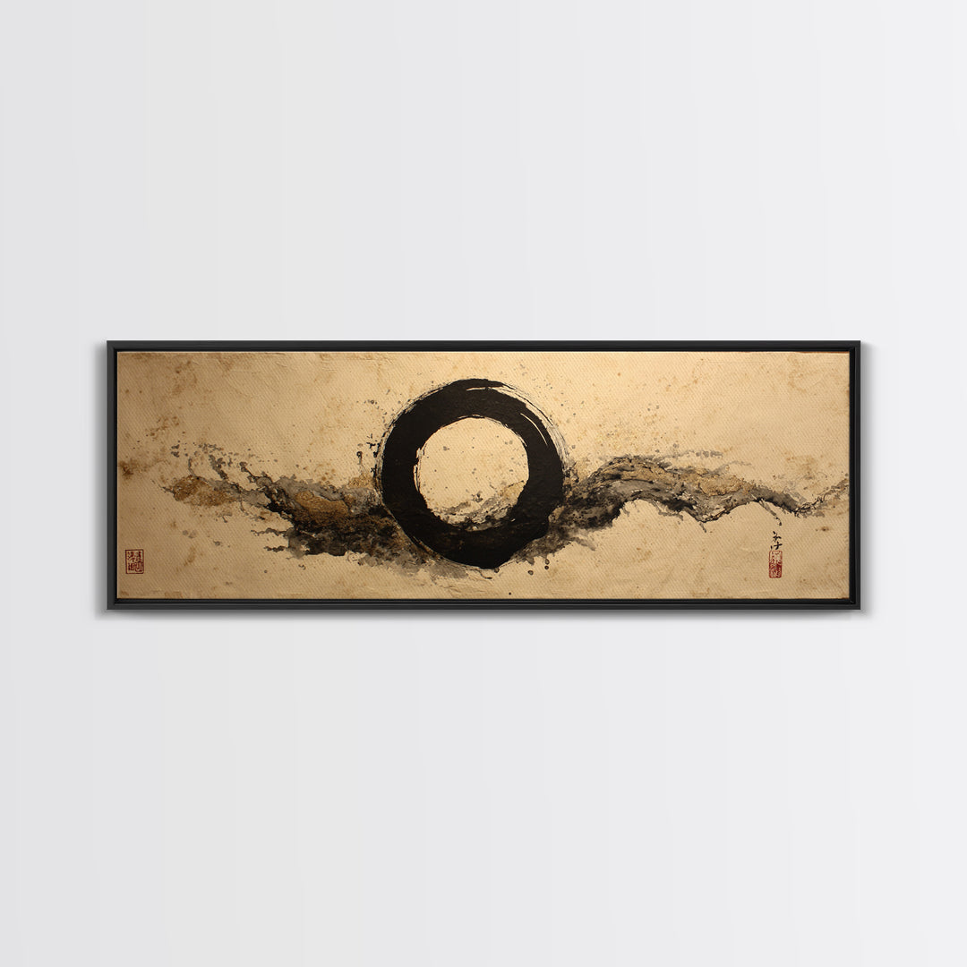 Single Black Ens Circle on Warm Paper Framed Canvas Print, Zen Art, Wall Art, Living Room Decor, Oil Painting, Zen, ZEN-3x1-89