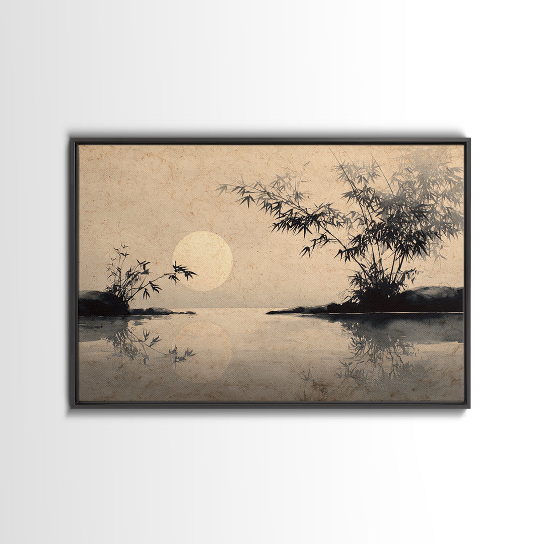 Moon Reflected in Quiet Pond Framed Canvas Print, Zen Art, Abstract Painting, Living Room Decor, Fine Art, Zen, Gallery Decor, ZEN-3x2-14