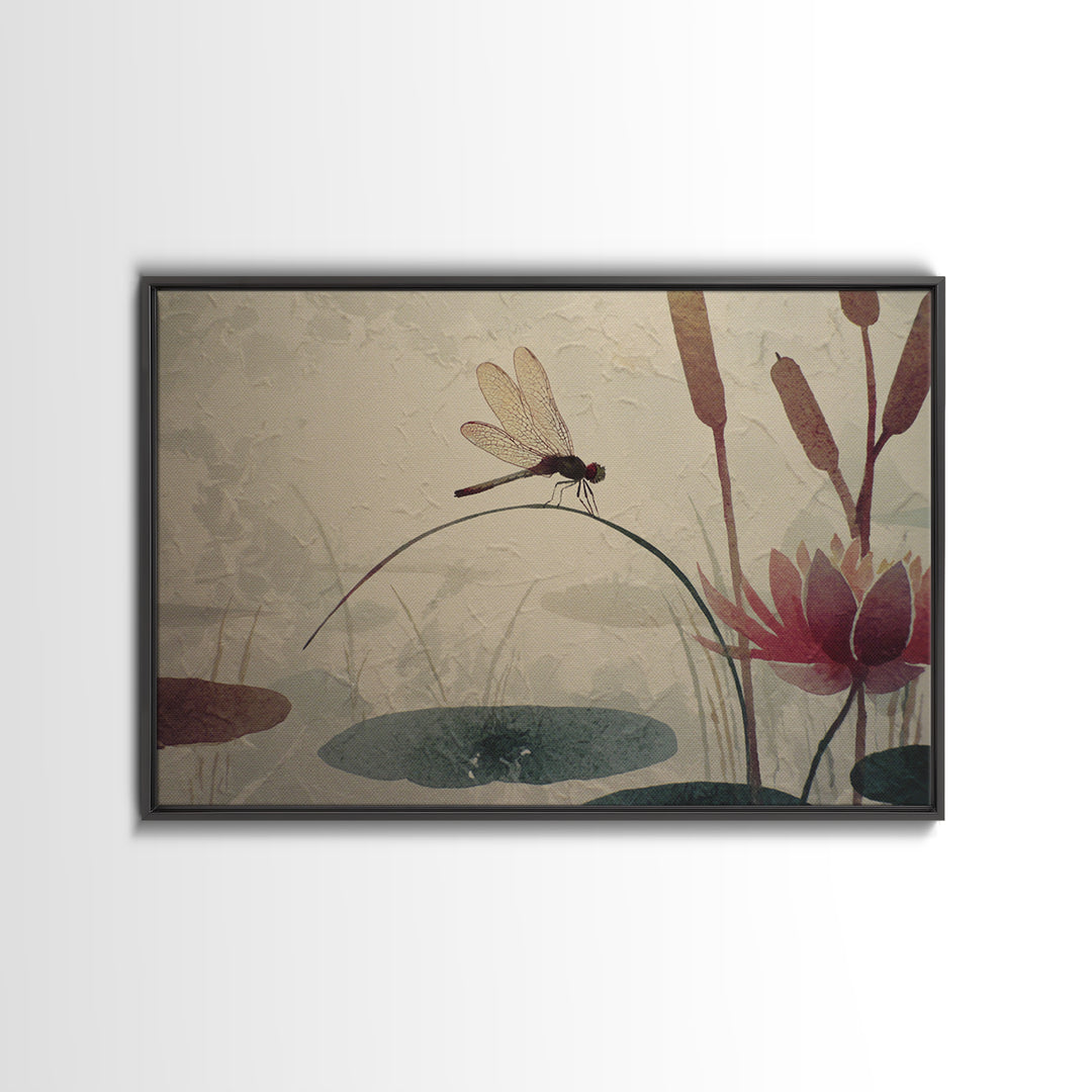 Dragonfly over Lotus Pond Canvas Print, Zen Art, Textured Painting, Living Room Decor, Watercolor Art, Zen, Abstract Art, ZEN-3x2-44