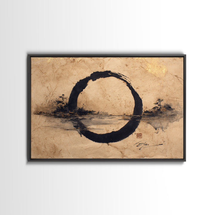 Single Black Ens Circle on Warm Paper Framed Canvas Print, Zen Art, Statement Artwork, Living Room Decor, Fine Art, Zen, ZEN-3x2-5