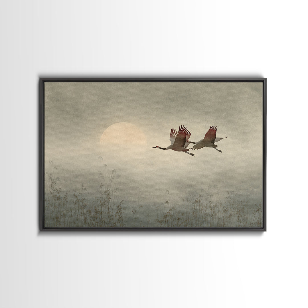 Crane Flying Across Pale Sun Canvas Print, Zen Art, Boho Decor, Living Room Decor, Abstract Art, Zen, Original Painting, ZEN-3x2-52