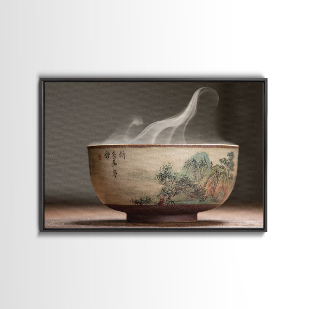 Tea Bowl with Steam Rising Gently Framed Canvas Print, Zen Art, Metal Wall Art, Living Room Decor, Zen, Japandi Wall Art, ZEN-3x2-60