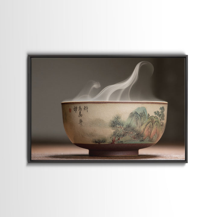 Tea Bowl with Steam Rising Gently Framed Canvas Print, Zen Art, Metal Wall Art, Living Room Decor, Zen, Japandi Wall Art, ZEN-3x2-60