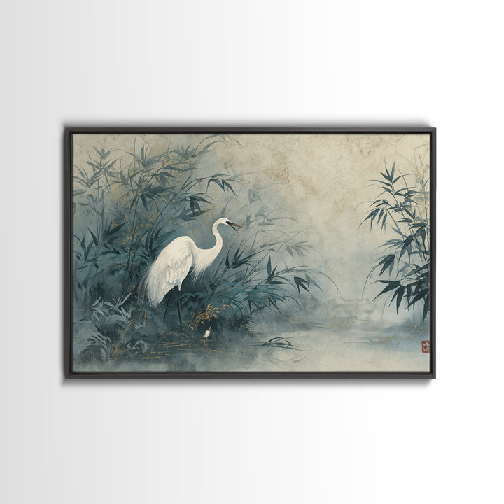 White Crane Standing Canvas Print, Zen Art, Japanese Decor, Living Room Decor, Fine Art, Zen, Luxury Decor, Textured Painting, ZEN-3x2-83