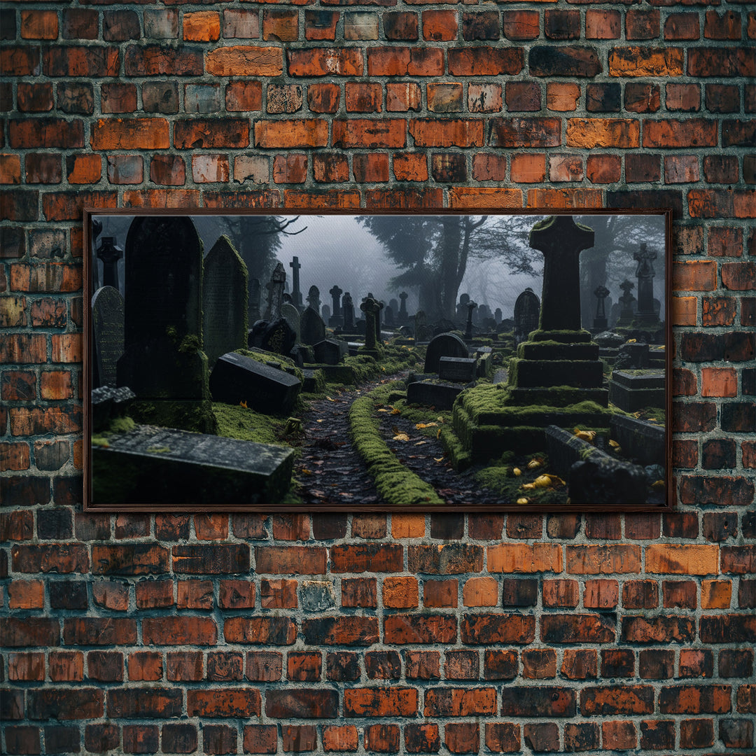 Moss Covered Cemetary, Haunted Graveyard Photography, Halloween Decor, Framed Canvas Print, Halloween Wall Art