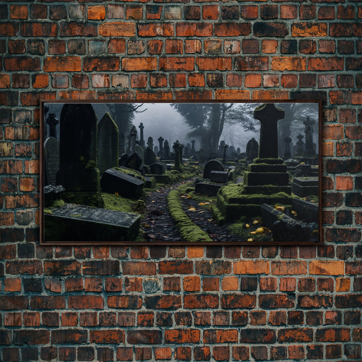 Moss Covered Cemetary, Haunted Graveyard Photography, Halloween Decor, Framed Canvas Print, Halloween Wall Art