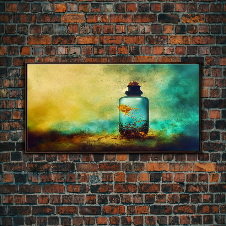 Mini world in a bottle, colorful miniature world art, framed canvas print, ready to hang framed wall art