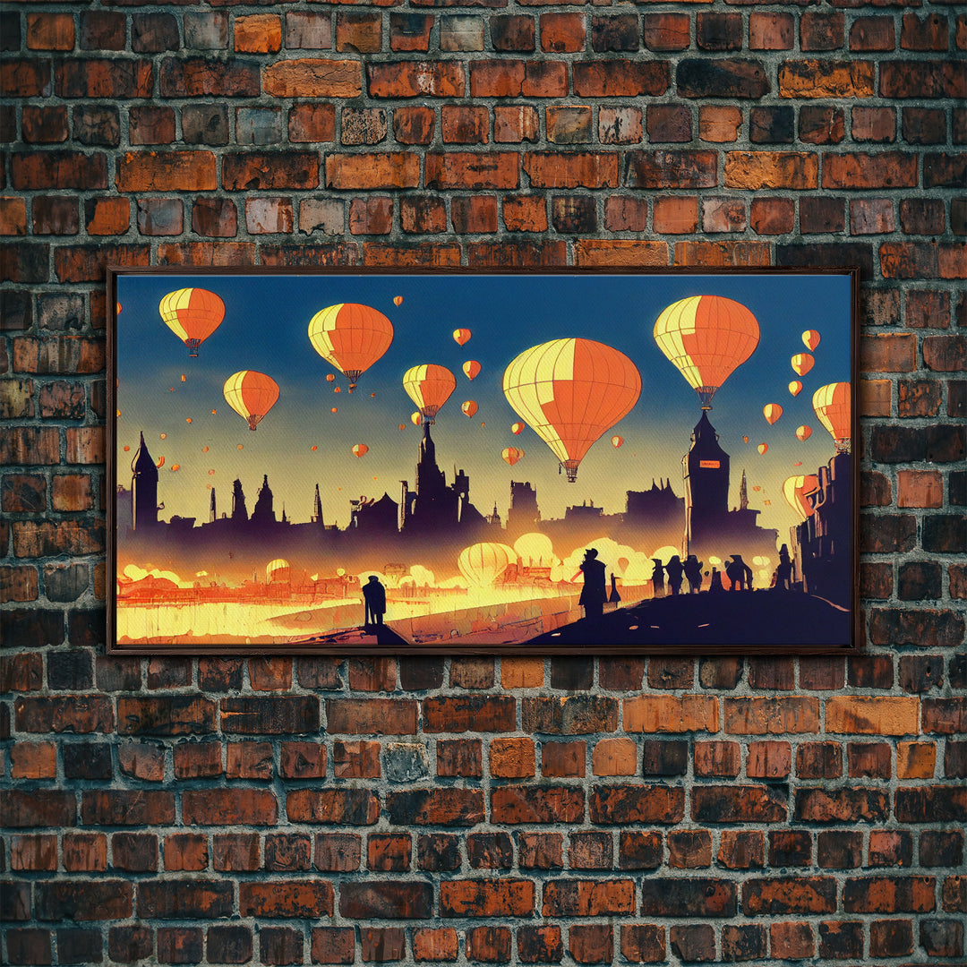 Flight of the balloons, hot air balloon armada, framed canvas print, ready to hang framed wall art