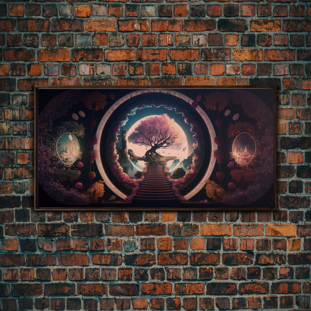 Stairway to a magical forest, fantasy concept art, framed canvas print, colorful wall decor, portal to another world