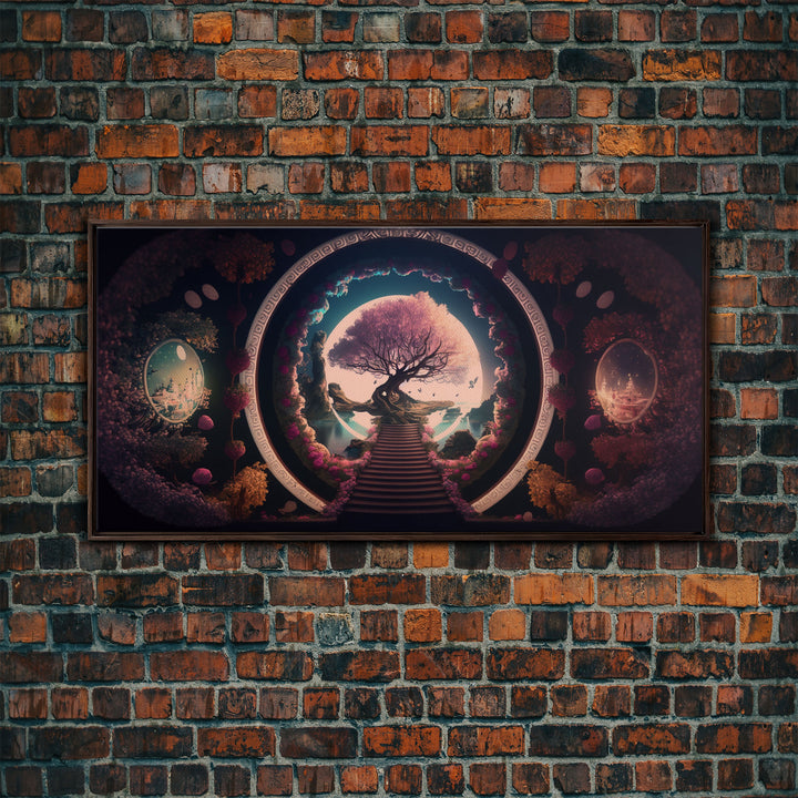 Stairway to a magical forest, fantasy concept art, framed canvas print, colorful wall decor, portal to another world