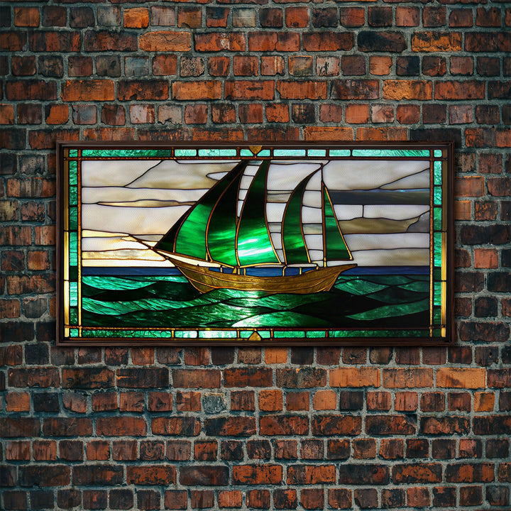 Emerald Green and Gold Art Deco Sail Boat, Framed Canvas Print, Retro MCM Style Wall Art, Midcentury Modern, Vintage Style, Stained Glass