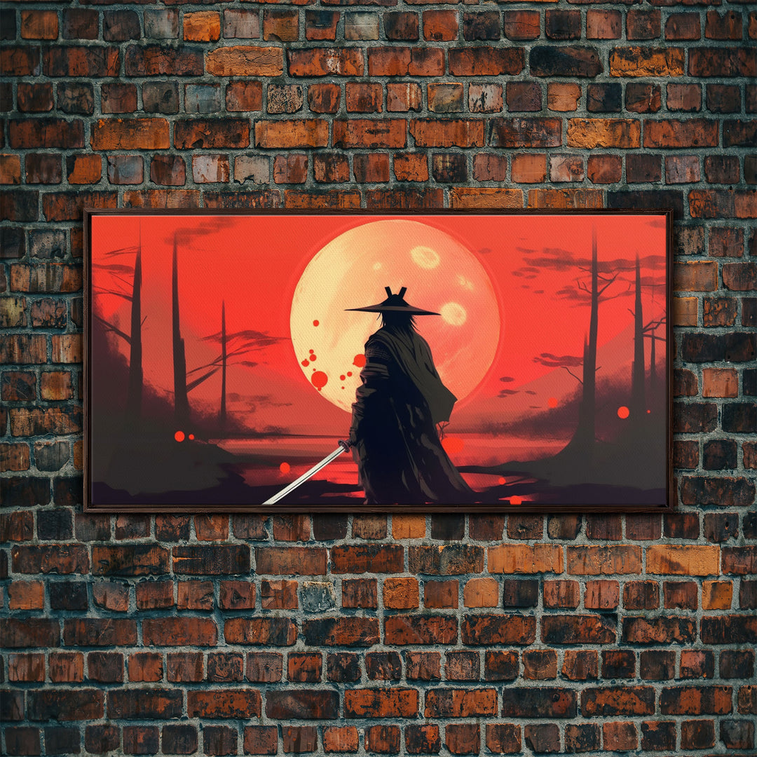 Mysterious Samurai and Blood Moon Print on Canvas, Framed Canvas Print, Modern Wall Art, Canvas Wall Set , Extra Large Wall Art, Warrior Art