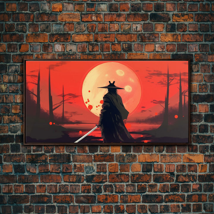 Mysterious Samurai and Blood Moon Print on Canvas, Framed Canvas Print, Modern Wall Art, Canvas Wall Set , Extra Large Wall Art, Warrior Art