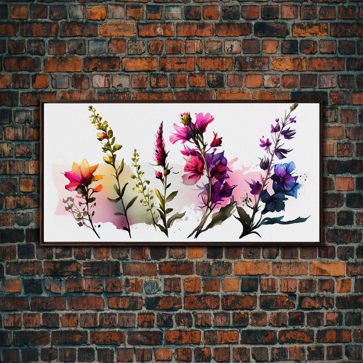 Colorful Wild Flowers On White Background, Framed Canvas Print, Watercolor Wall Art, Wall Decor, Floral Art, Pink Flowers, Mother's Day